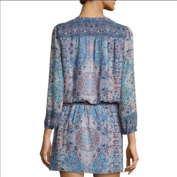 Joie Aidee Blue Printed Silk Chiffon Long Sleeve Mini Dress Medium - Picture 2 of 8
